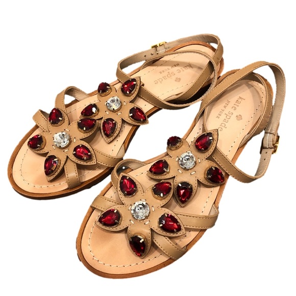 kate spade Shoes - Kate spade sandal Beatriz tan leather floral red rhinestone crystal bling flower